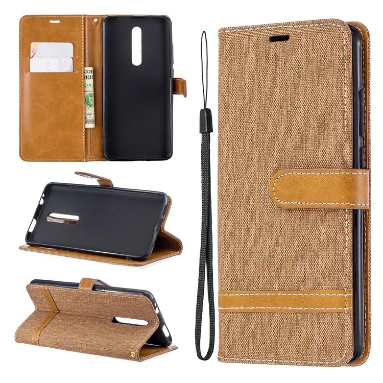 Color Splicing Jeans Cloth Skin Wallet Stand Leather Case for Xiaomi Redmi K20/Mi 9T/K20 Pro/Mi 9T Pro - Brown-1