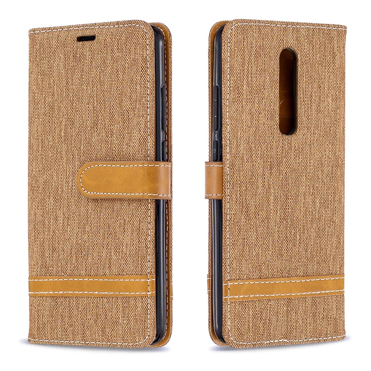 Color Splicing Jeans Cloth Skin Wallet Stand Leather Case for Xiaomi Redmi K20/Mi 9T/K20 Pro/Mi 9T Pro - Brown-4