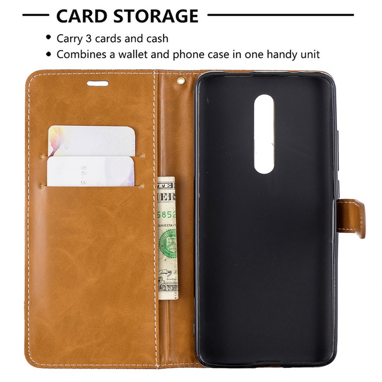 Color Splicing Jeans Cloth Skin Wallet Stand Leather Case for Xiaomi Redmi K20/Mi 9T/K20 Pro/Mi 9T Pro - Brown-6