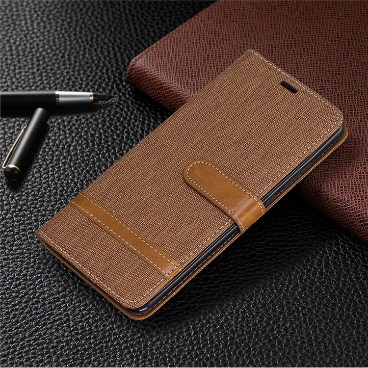 Color Splicing Jeans Cloth Skin Wallet Stand Leather Case for Xiaomi Redmi K20/Mi 9T/K20 Pro/Mi 9T Pro - Brown-7