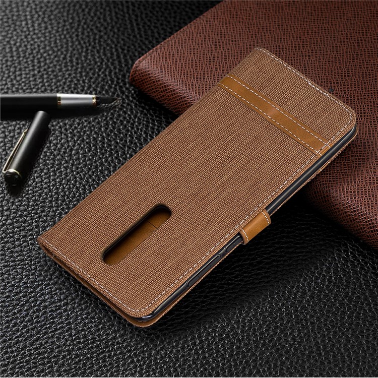 Color Splicing Jeans Cloth Skin Wallet Stand Leather Case for Xiaomi Redmi K20/Mi 9T/K20 Pro/Mi 9T Pro - Brown-8