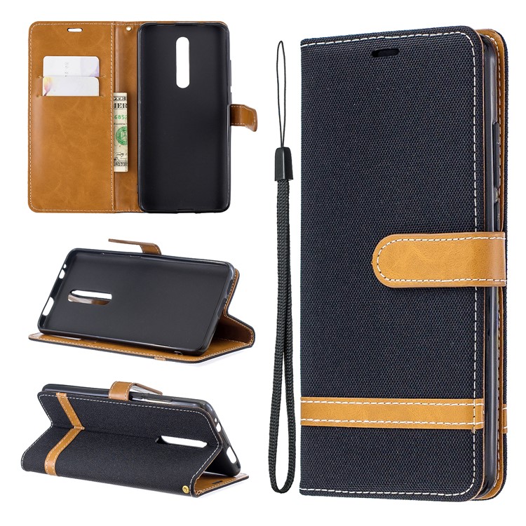 Color Splicing Jeans Cloth Skin Wallet Stand Leather Case for Xiaomi Redmi K20/Mi 9T/K20 Pro/Mi 9T Pro - Black-1