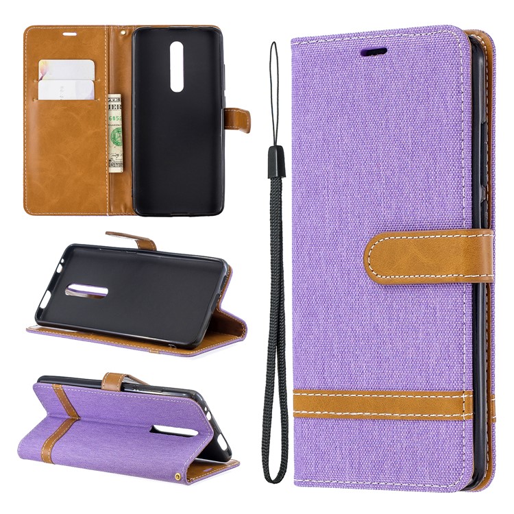 Color Splicing Jeans Cloth Skin Wallet Stand Leather Case for Xiaomi Redmi K20/Mi 9T/K20 Pro/Mi 9T Pro - Purple-1