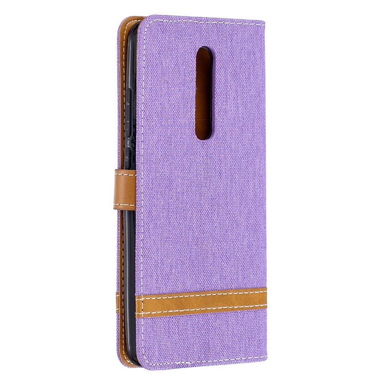 Color Splicing Jeans Cloth Skin Wallet Stand Leather Case for Xiaomi Redmi K20/Mi 9T/K20 Pro/Mi 9T Pro - Purple-3