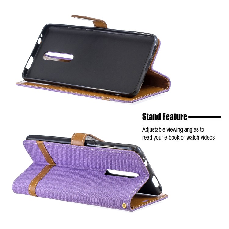 Color Splicing Jeans Cloth Skin Wallet Stand Leather Case for Xiaomi Redmi K20/Mi 9T/K20 Pro/Mi 9T Pro - Purple-5