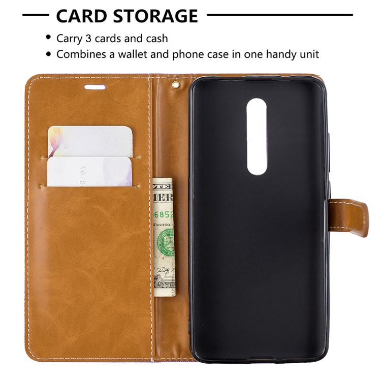 Color Splicing Jeans Cloth Skin Wallet Stand Leather Case for Xiaomi Redmi K20/Mi 9T/K20 Pro/Mi 9T Pro - Purple-6