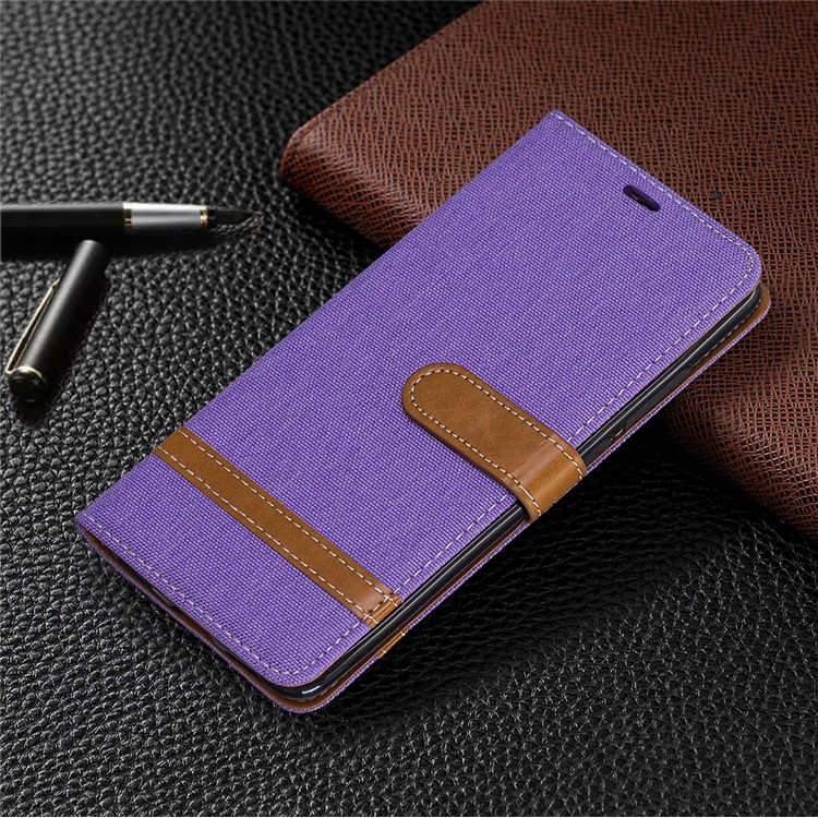 Color Splicing Jeans Cloth Skin Wallet Stand Leather Case for Xiaomi Redmi K20/Mi 9T/K20 Pro/Mi 9T Pro - Purple-7