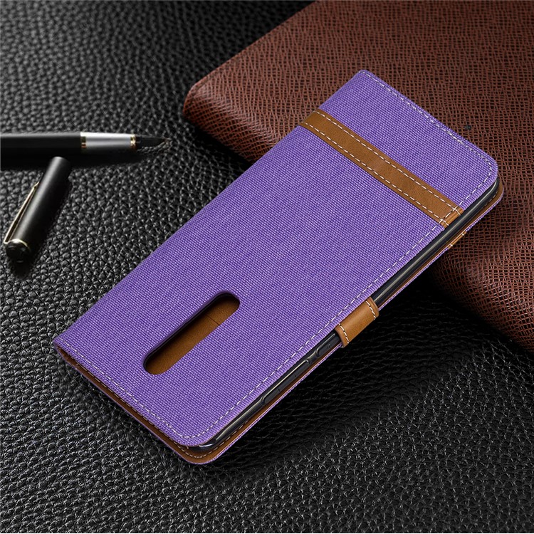 Color Splicing Jeans Cloth Skin Wallet Stand Leather Case for Xiaomi Redmi K20/Mi 9T/K20 Pro/Mi 9T Pro - Purple-8