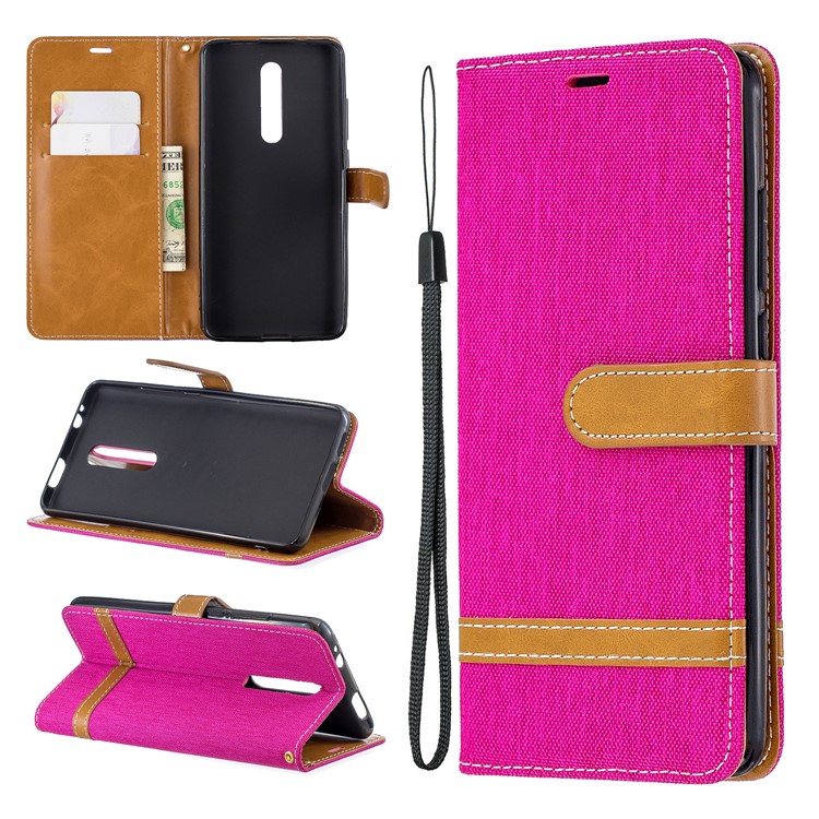 Color Splicing Jeans Cloth Skin Wallet Stand Leather Case for Xiaomi Redmi K20/Mi 9T/K20 Pro/Mi 9T Pro - Rose-1