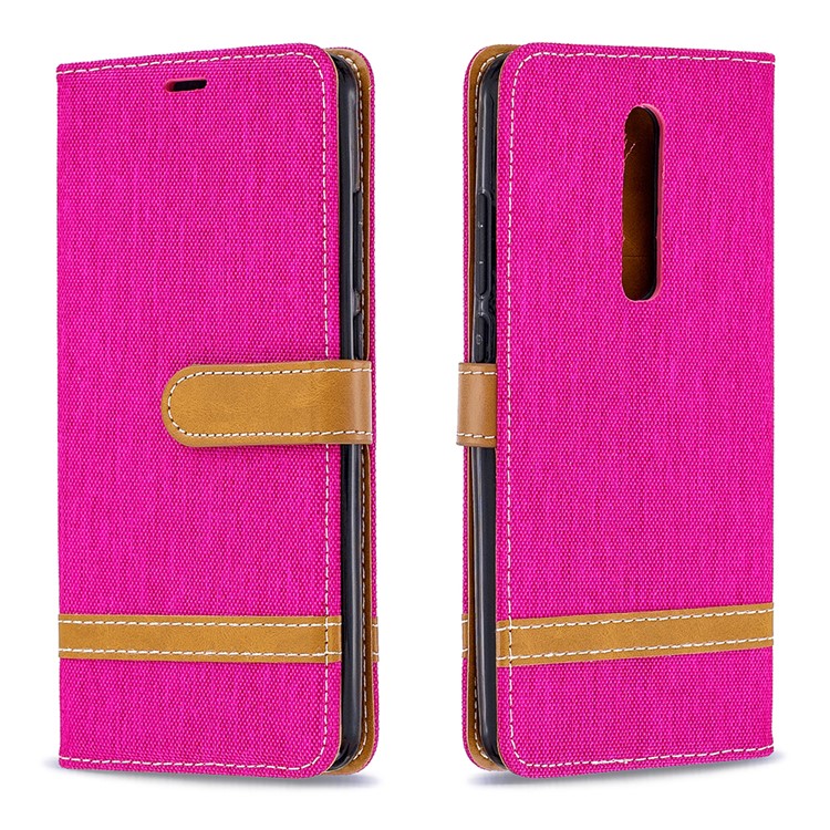 Color Splicing Jeans Cloth Skin Wallet Stand Leather Case for Xiaomi Redmi K20/Mi 9T/K20 Pro/Mi 9T Pro - Rose-4