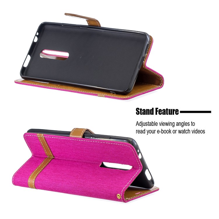 Color Splicing Jeans Cloth Skin Wallet Stand Leather Case for Xiaomi Redmi K20/Mi 9T/K20 Pro/Mi 9T Pro - Rose-5