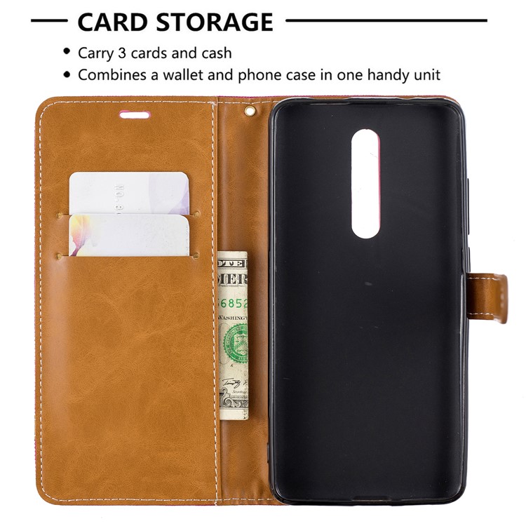 Color Splicing Jeans Cloth Skin Wallet Stand Leather Case for Xiaomi Redmi K20/Mi 9T/K20 Pro/Mi 9T Pro - Rose-6