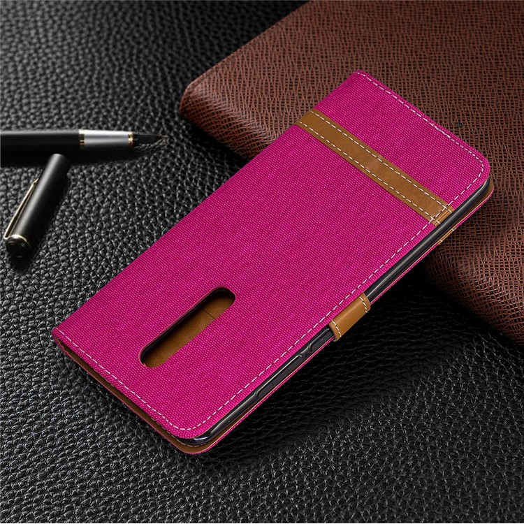 Color Splicing Jeans Cloth Skin Wallet Stand Leather Case for Xiaomi Redmi K20/Mi 9T/K20 Pro/Mi 9T Pro - Rose-8