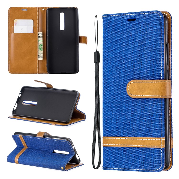 Color Splicing Jeans Cloth Skin Wallet Stand Leather Case for Xiaomi Redmi K20/Mi 9T/K20 Pro/Mi 9T Pro - Baby Blue-1