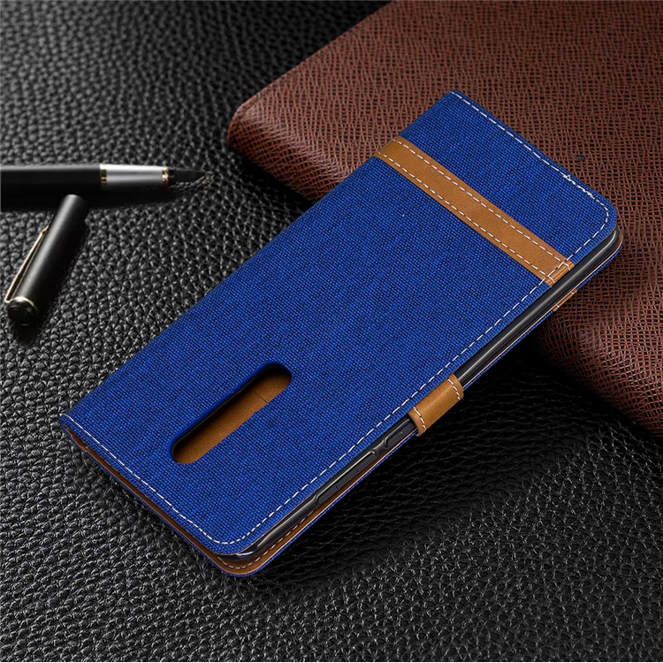 Color Splicing Jeans Cloth Skin Wallet Stand Leather Case for Xiaomi Redmi K20/Mi 9T/K20 Pro/Mi 9T Pro - Baby Blue-8