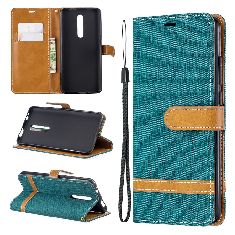 Color Splicing Jeans Cloth Skin Wallet Stand Leather Case for Xiaomi Redmi K20/Mi 9T/K20 Pro/Mi 9T Pro - Green-1