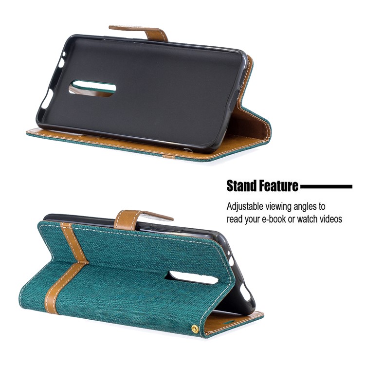 Color Splicing Jeans Cloth Skin Wallet Stand Leather Case for Xiaomi Redmi K20/Mi 9T/K20 Pro/Mi 9T Pro - Green-5