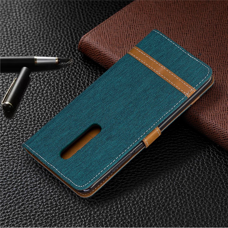 Color Splicing Jeans Cloth Skin Wallet Stand Leather Case for Xiaomi Redmi K20/Mi 9T/K20 Pro/Mi 9T Pro - Green-8