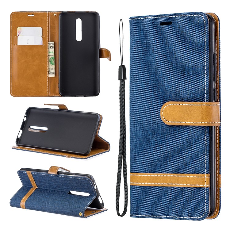 Color Splicing Jeans Cloth Skin Wallet Stand Leather Case for Xiaomi Redmi K20/Mi 9T/K20 Pro/Mi 9T Pro - Dark Blue-1