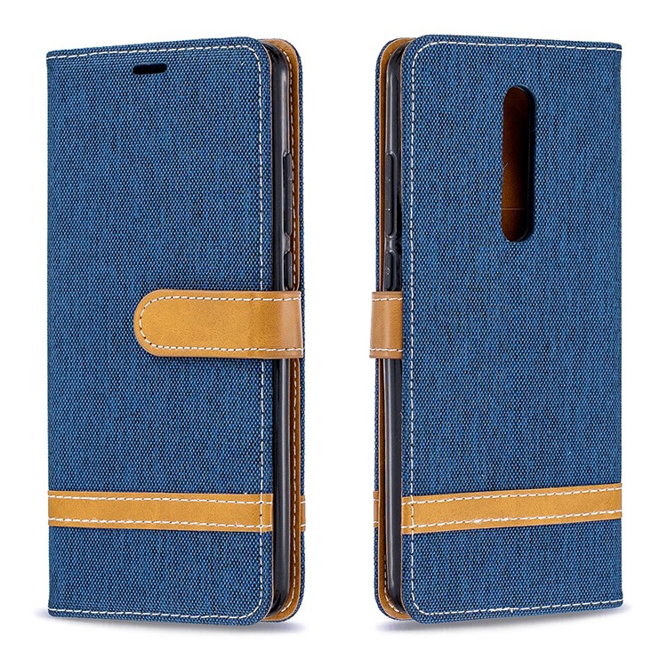 Color Splicing Jeans Cloth Skin Wallet Stand Leather Case for Xiaomi Redmi K20/Mi 9T/K20 Pro/Mi 9T Pro - Dark Blue-4
