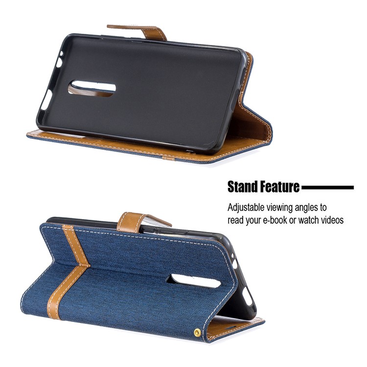 Color Splicing Jeans Cloth Skin Wallet Stand Leather Case for Xiaomi Redmi K20/Mi 9T/K20 Pro/Mi 9T Pro - Dark Blue-5