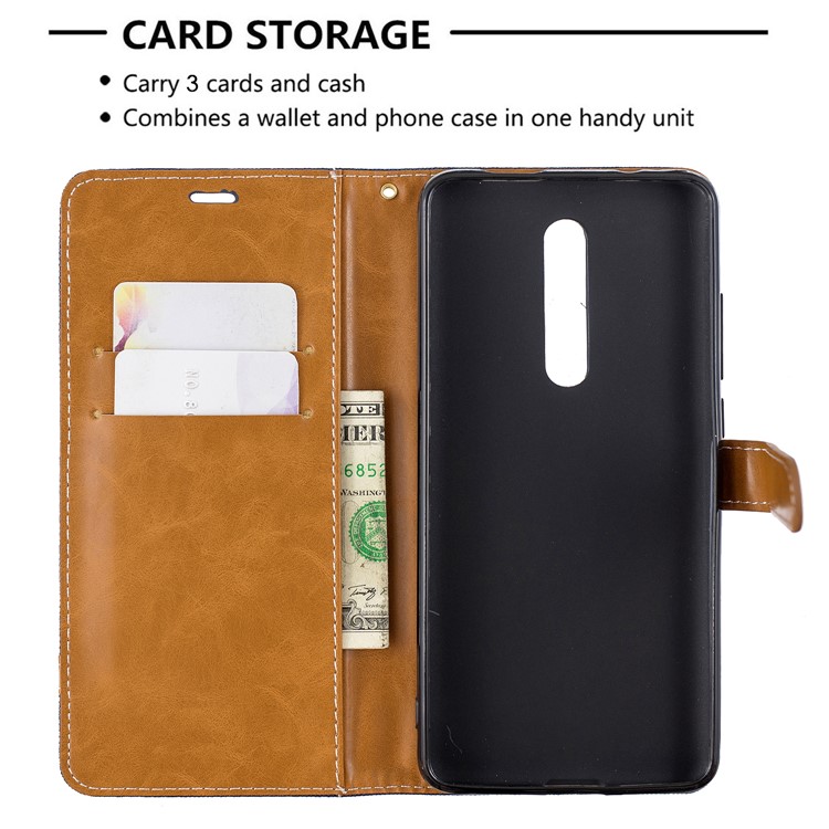 Color Splicing Jeans Cloth Skin Wallet Stand Leather Case for Xiaomi Redmi K20/Mi 9T/K20 Pro/Mi 9T Pro - Dark Blue-6
