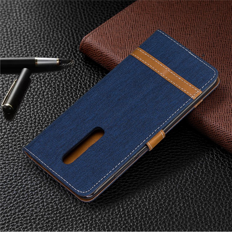 Color Splicing Jeans Cloth Skin Wallet Stand Leather Case for Xiaomi Redmi K20/Mi 9T/K20 Pro/Mi 9T Pro - Dark Blue-8