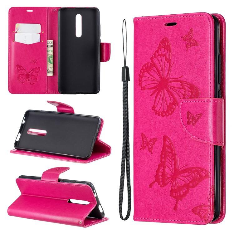 Imprint Butterfly Wallet Stand PU Leather Phone Case for Xiaomi Redmi K20 / K20 Pro / Mi 9T / Mi 9T Pro - Rose-1