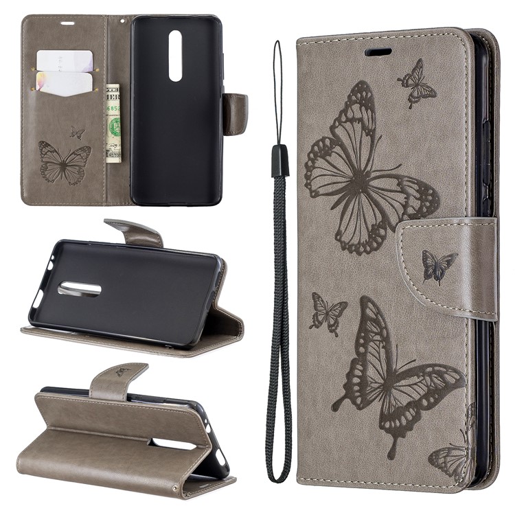 Imprint Butterfly Wallet Stand PU Leather Phone Case for Xiaomi Redmi K20 / K20 Pro / Mi 9T / Mi 9T Pro - Grey-1