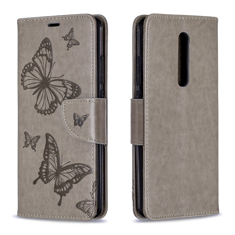 Imprint Butterfly Wallet Stand PU Leather Phone Case for Xiaomi Redmi K20 / K20 Pro / Mi 9T / Mi 9T Pro - Grey-4