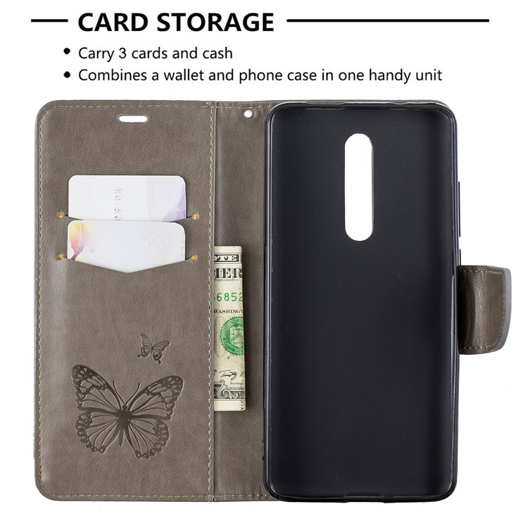 Imprint Butterfly Wallet Stand PU Leather Phone Case for Xiaomi Redmi K20 / K20 Pro / Mi 9T / Mi 9T Pro - Grey-6