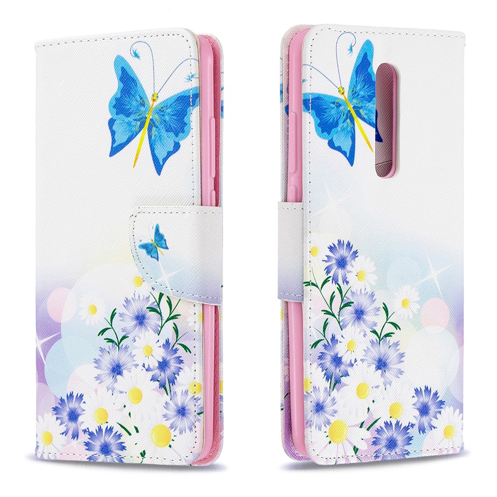 Estuche de Billetera de Cuero de Impresión de Patrones Para Xiaomi Redmi K20 / Mi 9t / Redmi K20 Pro / Mi 9t Pro - Mariposa Azul y Flores