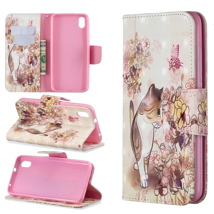 Pattern Printing Light Spot Decor Leather Wallet Stand Case for Xiaomi Redmi 7A - Cat and Flowers-1