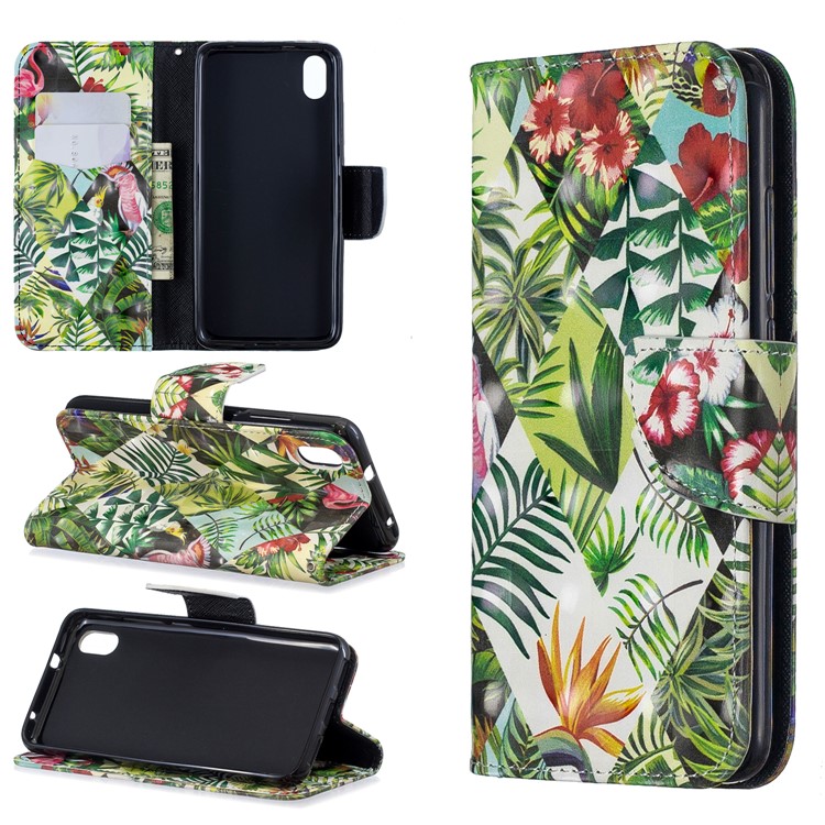Pattern Printing Light Spot Decor Leather Wallet Stand Case for Xiaomi Redmi 7A - Leaves-1