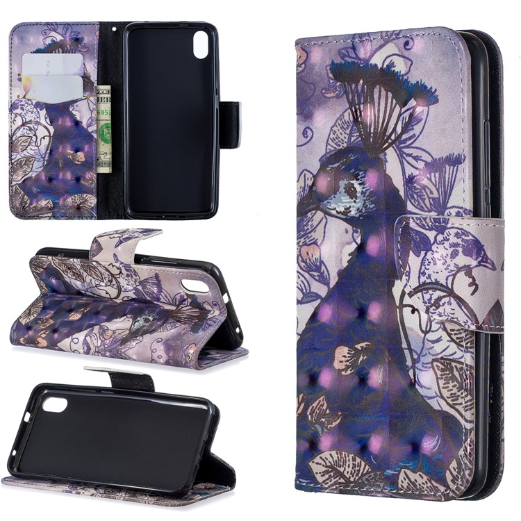 Pattern Printing Light Spot Decor Leather Wallet Stand Case for Xiaomi Redmi 7A - Peacock-1