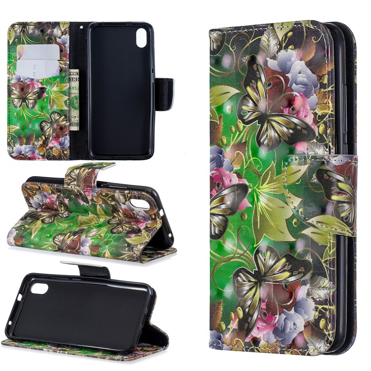 Pattern Printing Light Spot Decor Leather Wallet Stand Case for Xiaomi Redmi 7A - Gold Butterfly-1