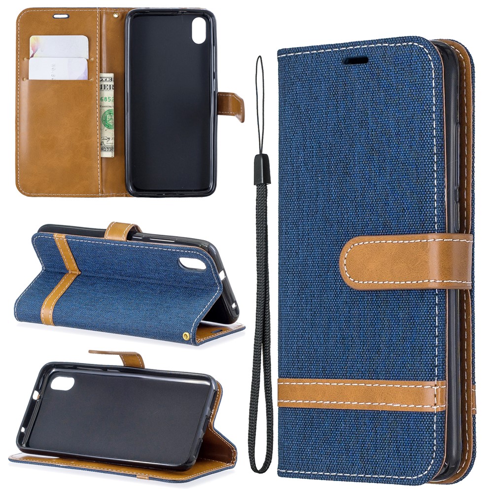 Étui de Portefeuille en Cuir en Tissu de Couleur Assortie Pour Xiaomi Redmi 7a - Bleu Foncé