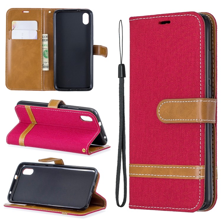 Assorted Color Jeans Cloth Leather Wallet Case for Xiaomi Redmi 7A - Red-1