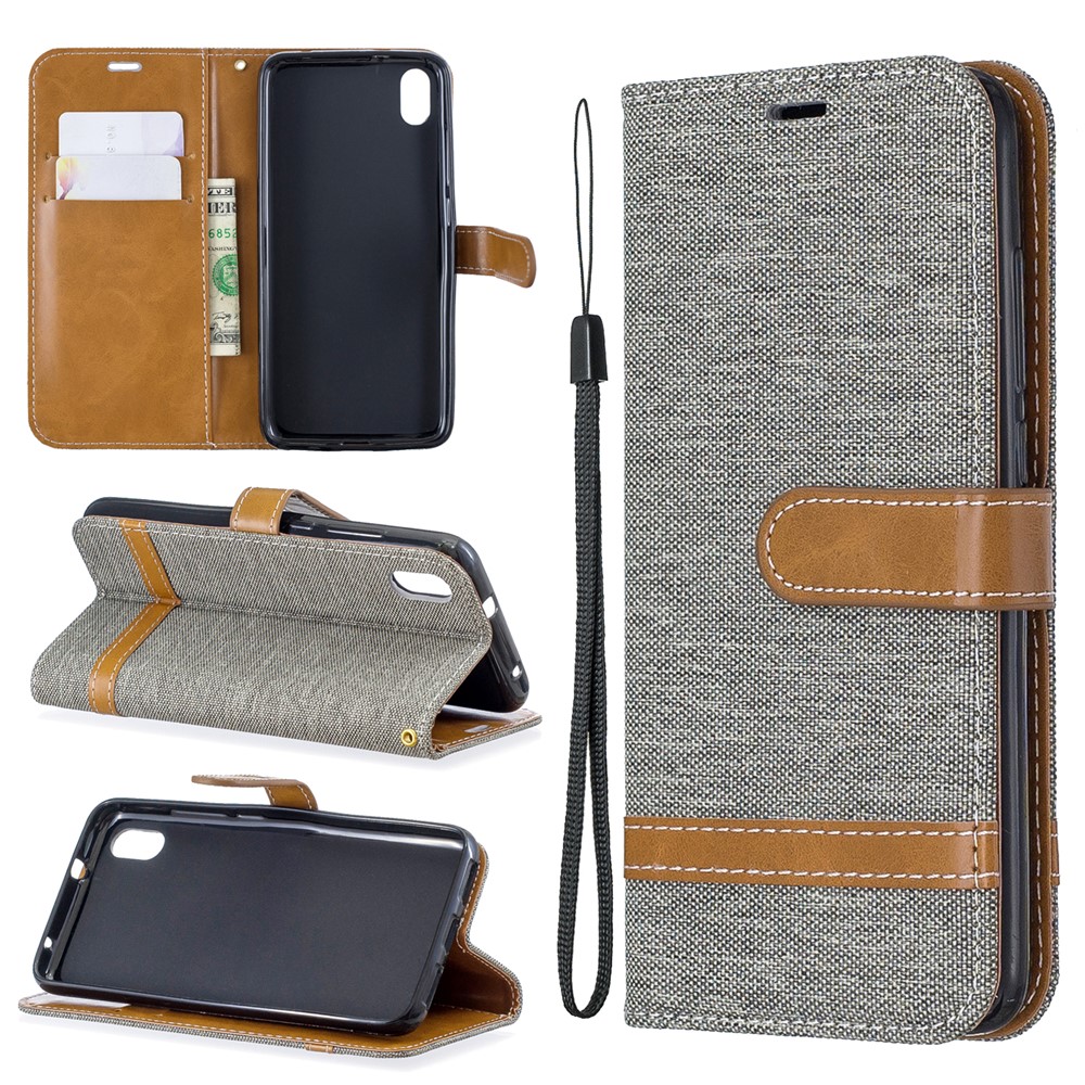 Assorted Color Jeans Cloth Leather Wallet Case for Xiaomi Redmi 7A - Grey-1