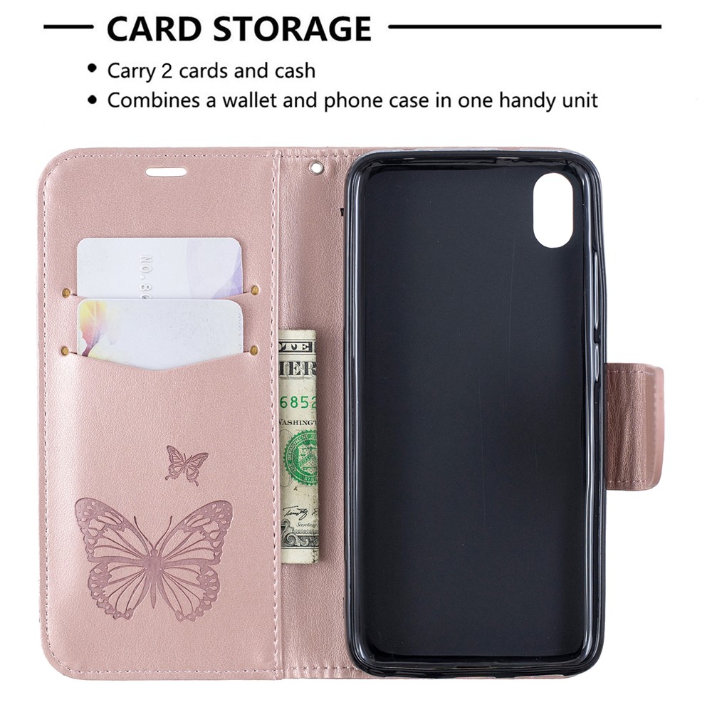 Imprint Butterfly Wallet Stand PU Leather Phone Case for Xiaomi Redmi 7A - Rose Gold-6