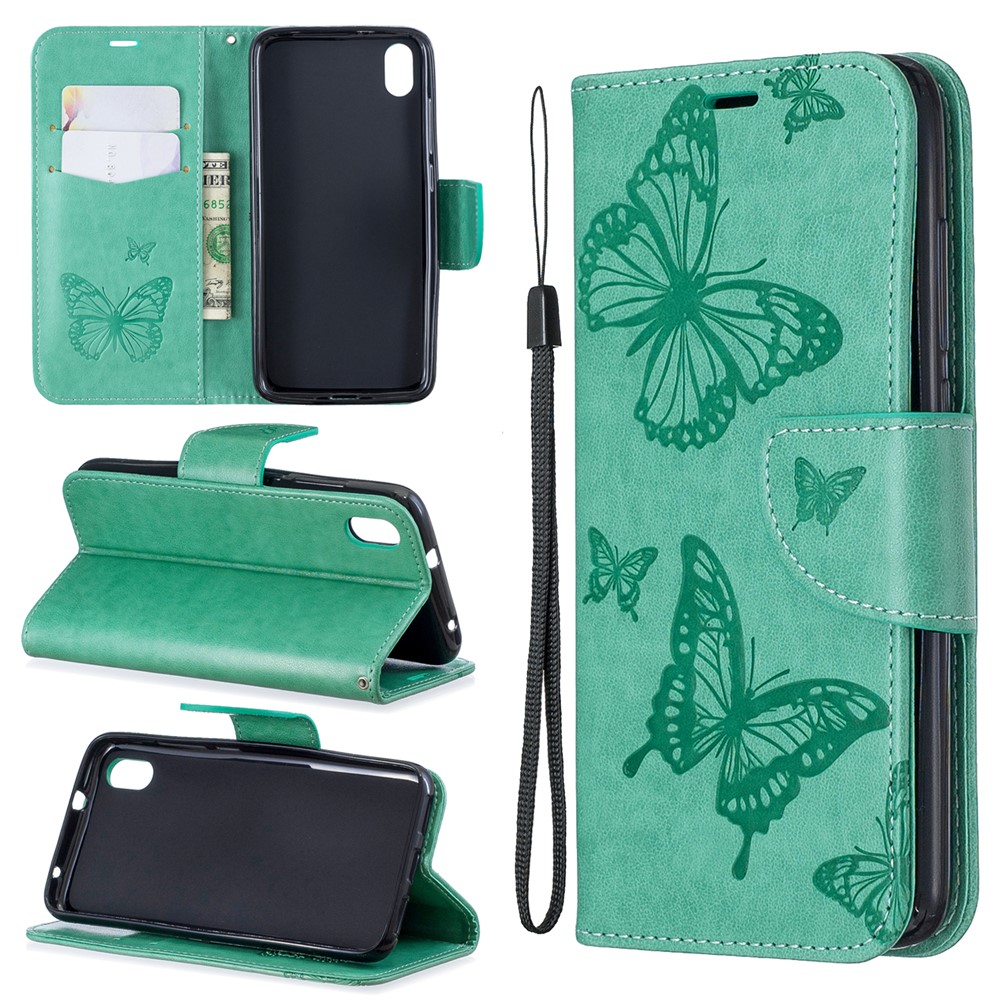Imprint Butterfly Wallet Stand PU Leather Phone Case for Xiaomi Redmi 7A - Green-1