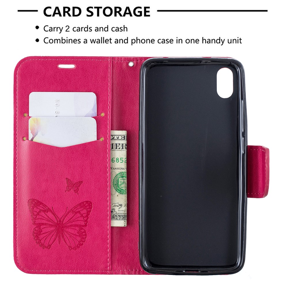 Imprint Butterfly Wallet Stand PU Leather Phone Case for Xiaomi Redmi 7A - Rose-6