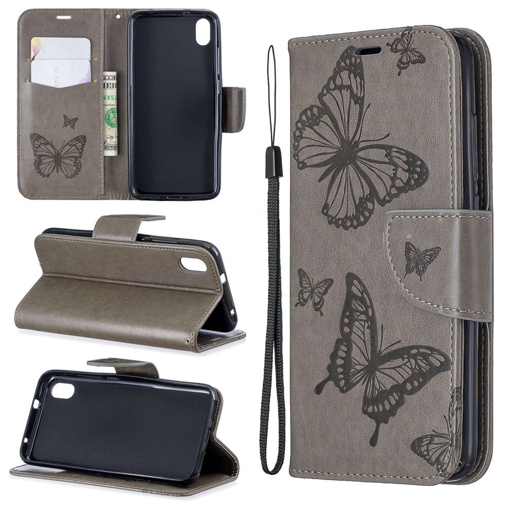 Imprint Butterfly Wallet Stand PU Leather Phone Case for Xiaomi Redmi 7A - Grey-1