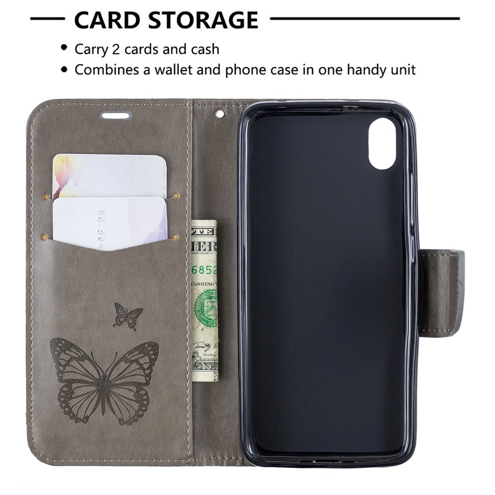 Imprint Butterfly Wallet Stand PU Leather Phone Case for Xiaomi Redmi 7A - Grey-6