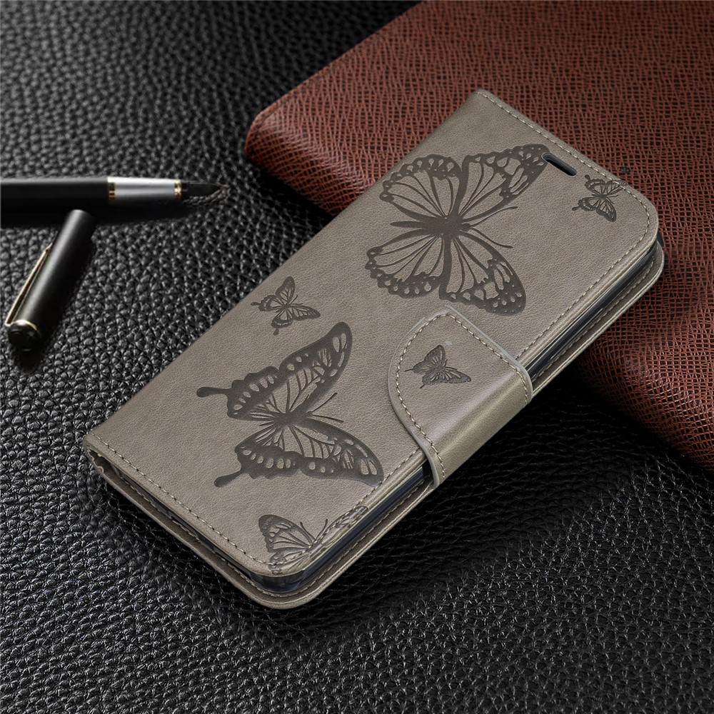 Imprint Butterfly Wallet Stand PU Leather Phone Case for Xiaomi Redmi 7A - Grey-7