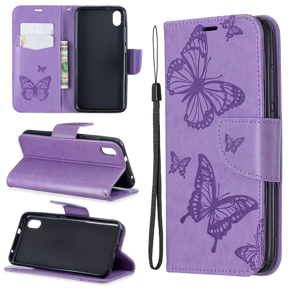 Imprint Butterfly Wallet Stand PU Leather Phone Case for Xiaomi Redmi 7A - Purple-1