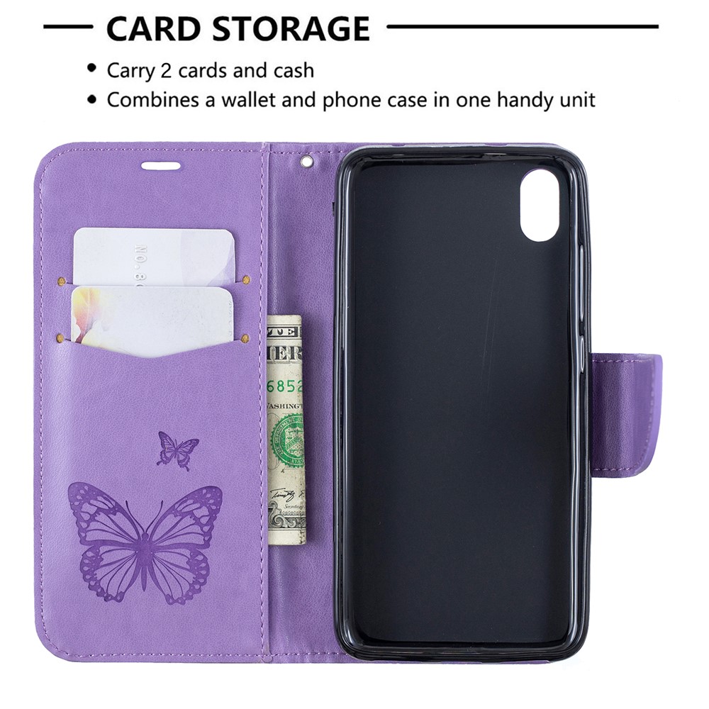 Imprint Butterfly Wallet Stand PU Leather Phone Case for Xiaomi Redmi 7A - Purple-6