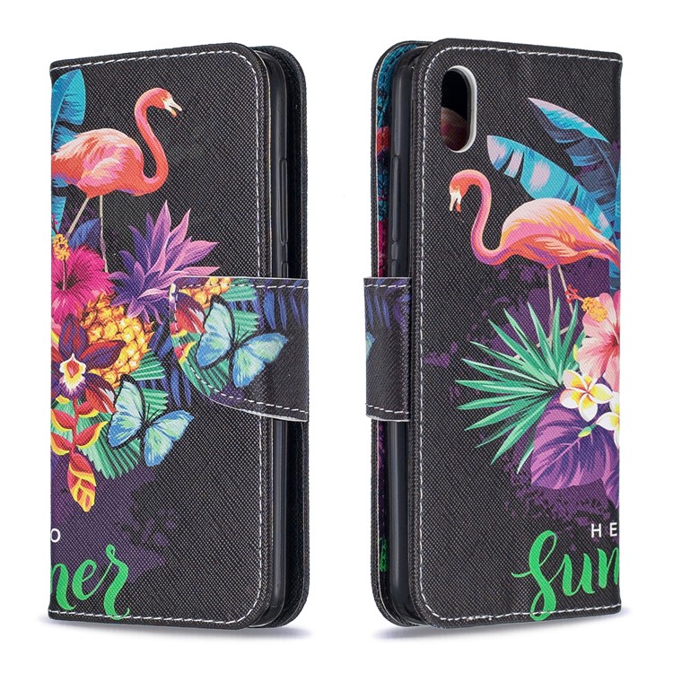 Motif Imprimerie en Cuir Porte-support Pour Xiaomi Redmi 7a - Grue et Fleurs