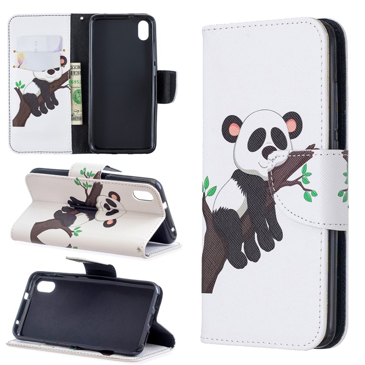 Pattern Printing Leather Wallet Stand Case for Xiaomi Redmi 7A - Panda Climbing Tree-1