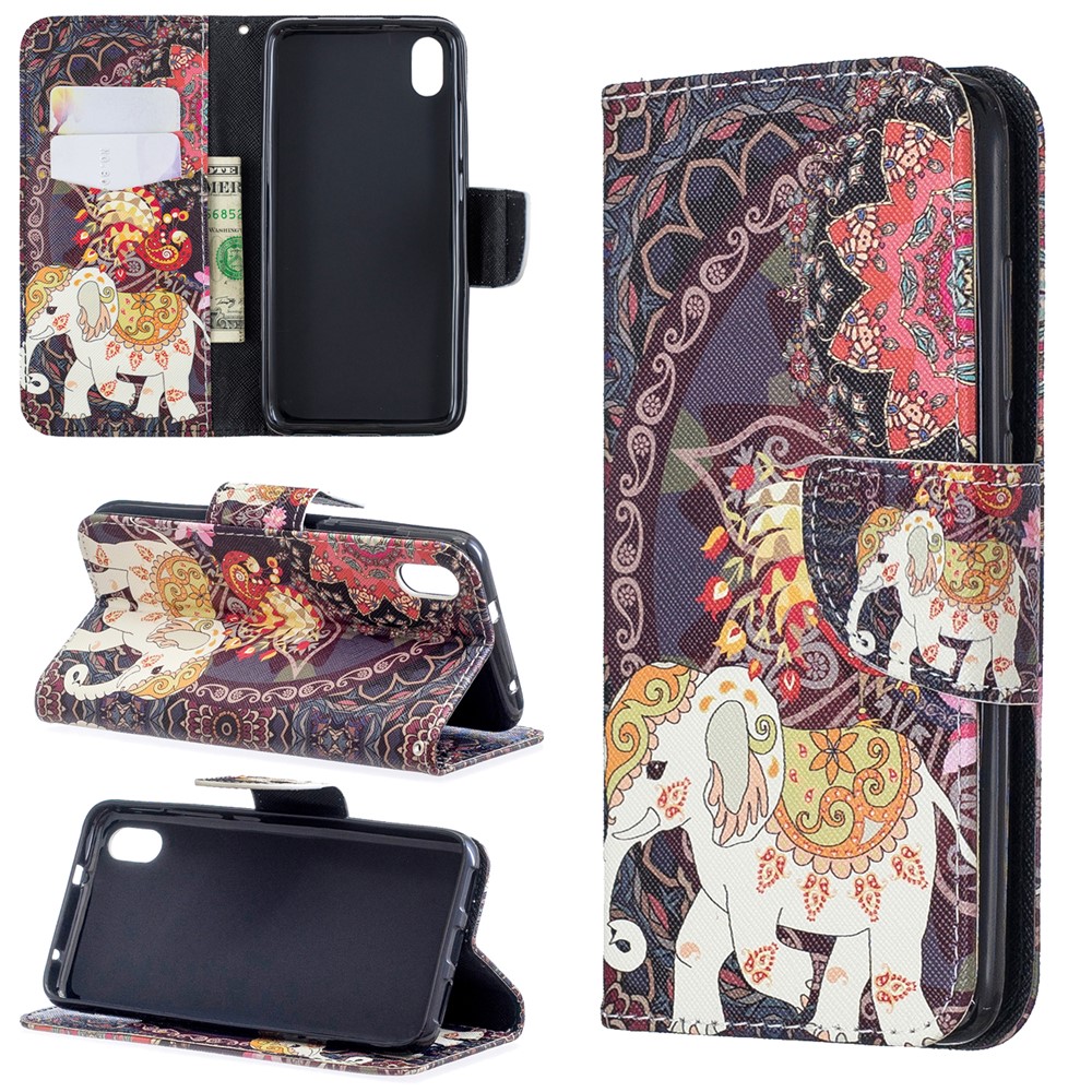 Pattern Printing Leather Wallet Stand Case for Xiaomi Redmi 7A - Flower and Elephant-1